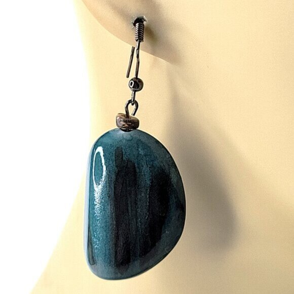 Teal/Black/Golden Colour Fusion Wood Bead Drop Earrings with Silver Tone Closure - Picture 2 of 8